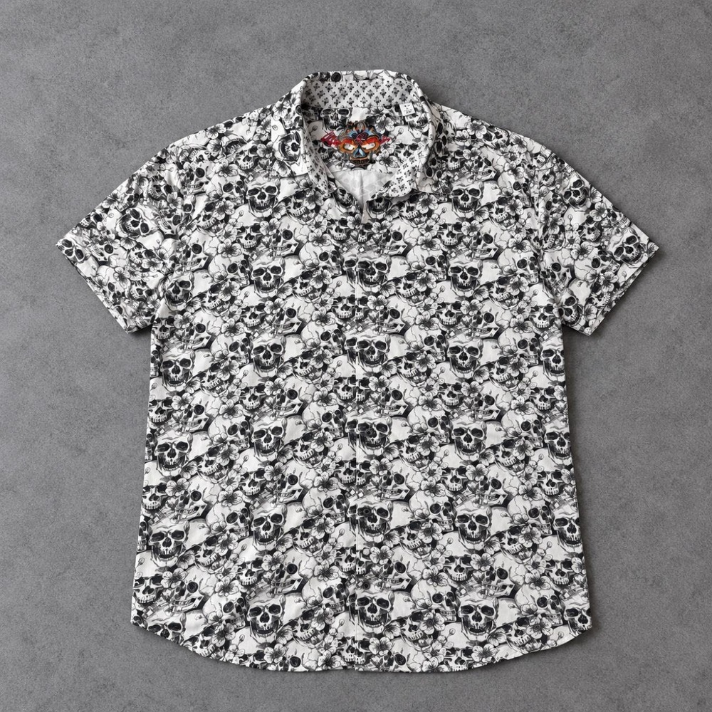 Robert Graham Skull Floral Button-Up Shirt Men's Large Y2K Tattoo Rockabilly